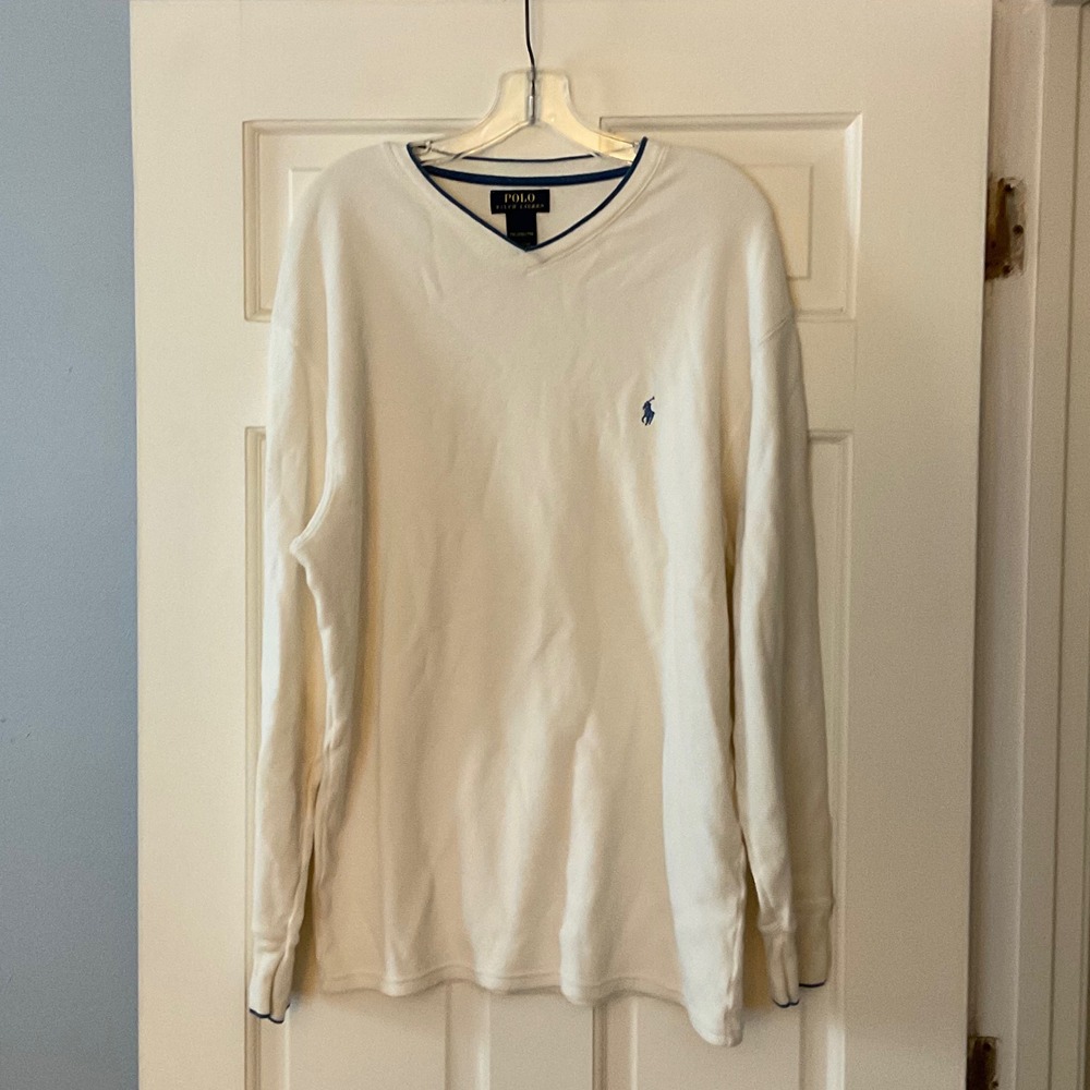 Polo Ralph Lauren Mens 2XL Cream Waffle Knit Thermal V-Neck Shirt Pima Cotton